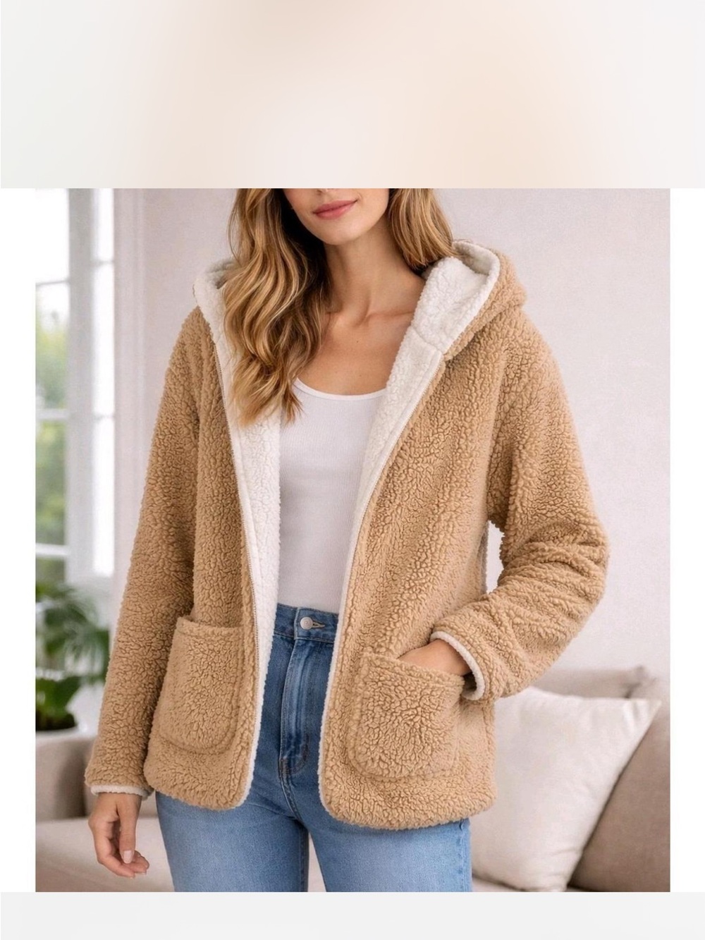 Love Tree Reversible Sherpa Hooded Jacket in Ivory & Tan Cabincore, Cottagecore